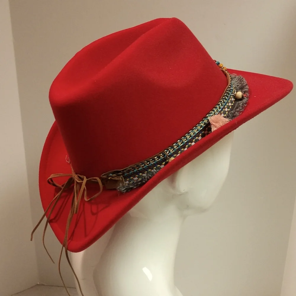 RESERVED Southern Red Cowboy Hat Turquoise Tassels Pendants Fringe Accent Boho - Picture 8 of 17